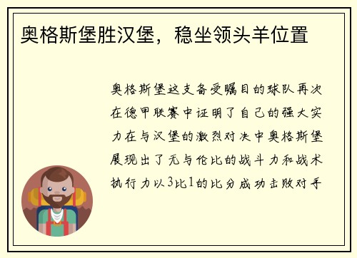 奥格斯堡胜汉堡，稳坐领头羊位置