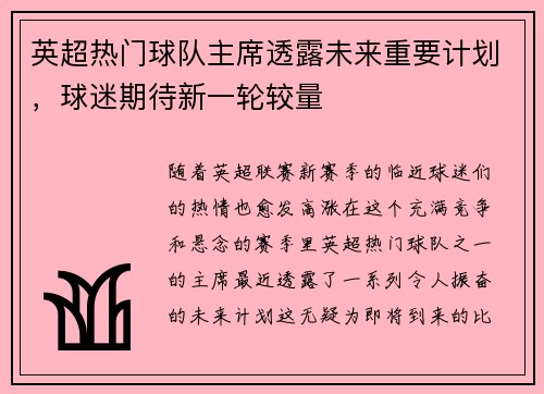 英超热门球队主席透露未来重要计划，球迷期待新一轮较量